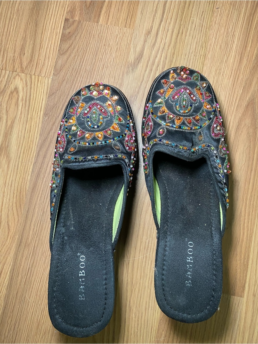 BAMBOO Black Embellished Slip-On Mules with Multicolor Beading
